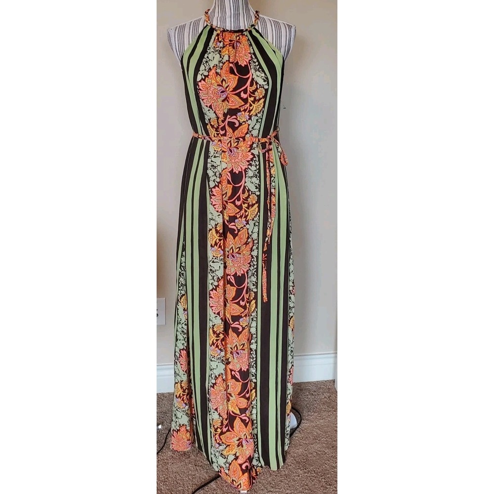 New York & Company Womens Sz 2 Maxi Dress Sheer Belt Halterneck Summer